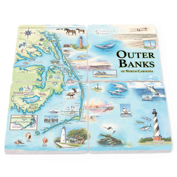Outer Banks Natural Stone Coaster Set by Xplorer Maps, a set of four coasters forming the map of North Carolina's Outer Banks (OBX) in earth tones, blues, and greens. These imported Turkish stone coasters showcase coastal elements, including beaches, lighthouses, the Graveyard of the Atlantic Museum, ships, islands, seabirds, fish, sailboats, a Blue Marlin, turtle, bear, and wild horses on Corolla Beach.