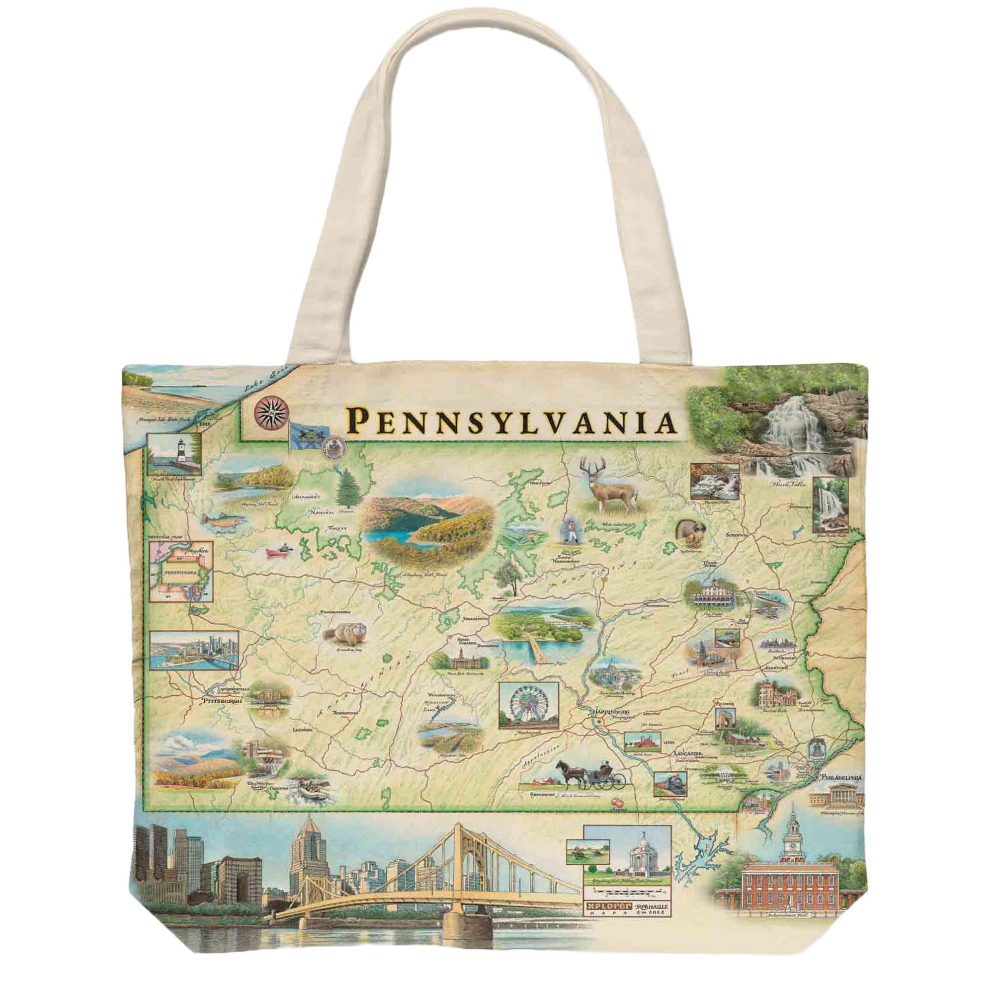 Pennsylvania State Canvas Tote Bag featuring Pittsburg, Philadelphia, Hersey, Amish horse and buggy, Poconos, waterfalls, deer, trains, and buildings.
