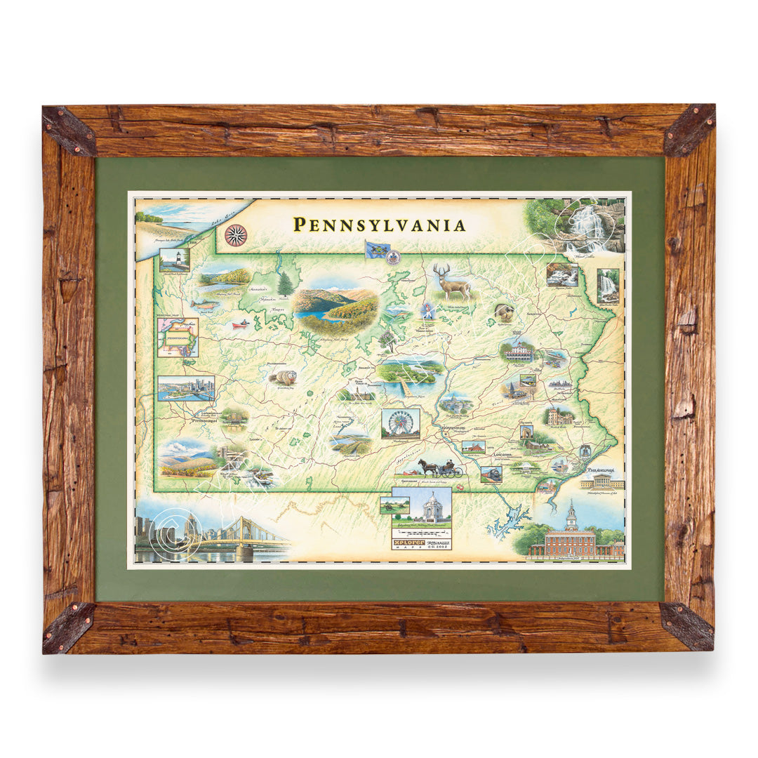 A framed Pennsylvania state map print with a rustic brown wooden frame and olive green matting, shown against a plain white background.
