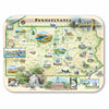 Large Pennsylvania serving Tray map of Pennsylvania with various attractions and landmarks on a decorative mat.