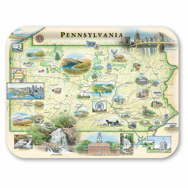 Large Pennsylvania serving Tray map of Pennsylvania with various attractions and landmarks on a decorative mat.