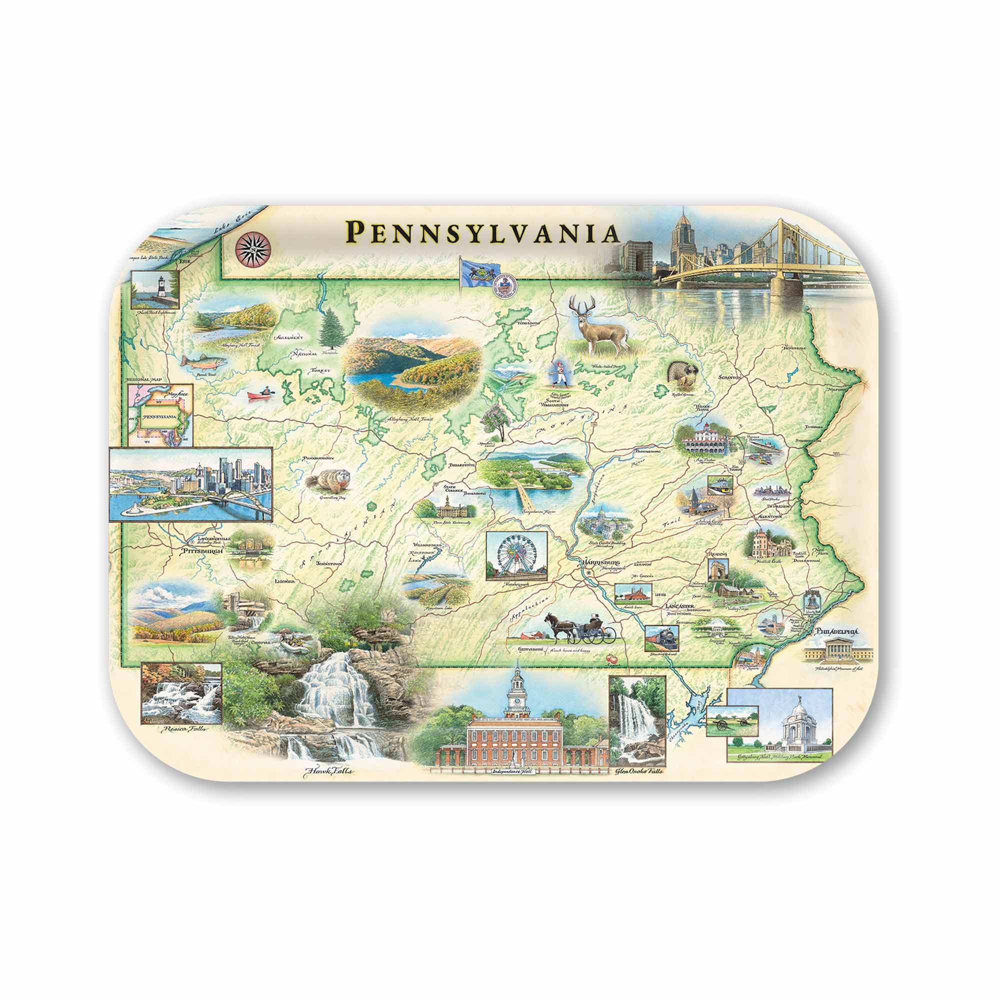 Medium Pennsylvania serving Tray map  of Pennsylvania with various landmarks on a beige background