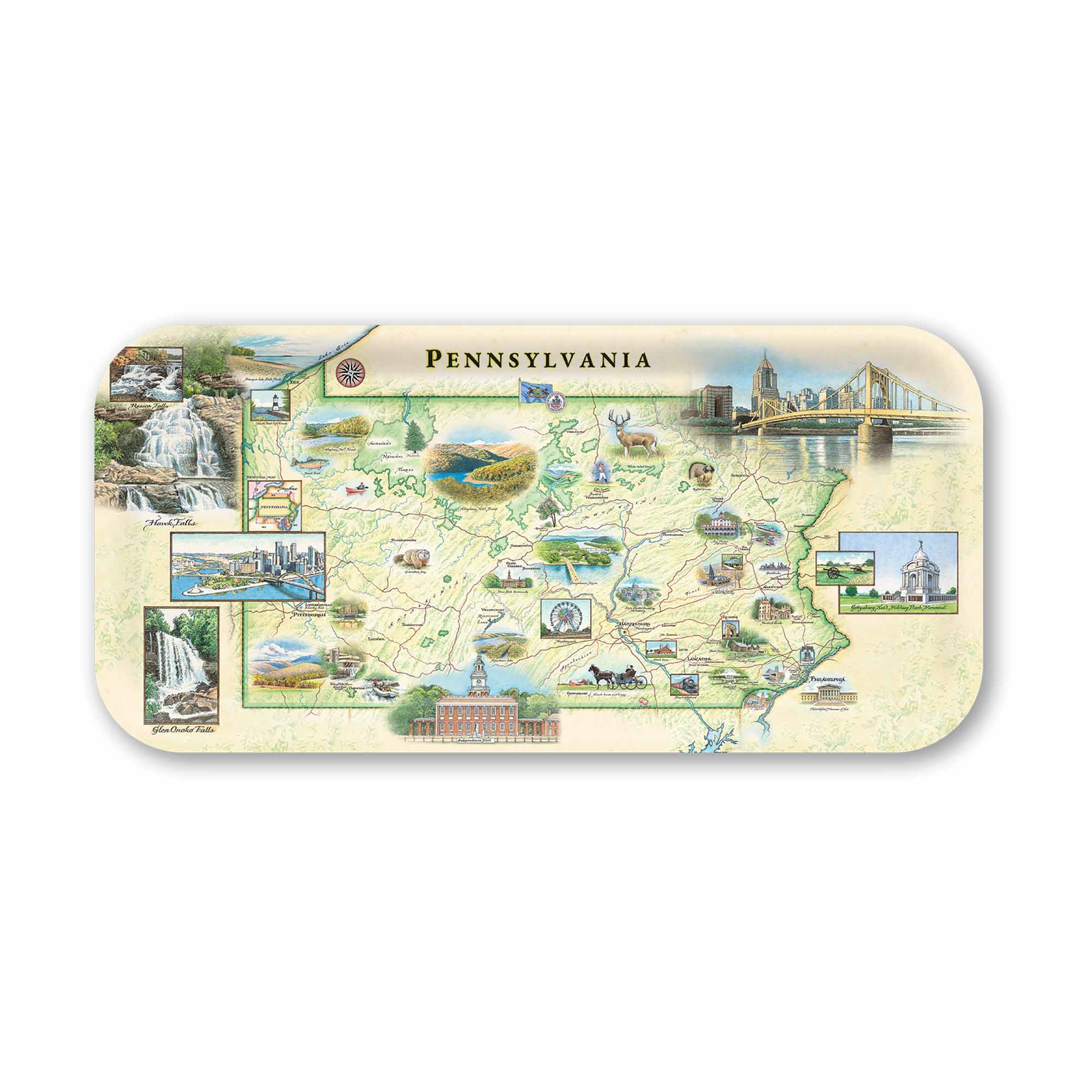 Small Pennsylvania serving Tray map of Pennsylvania on a decorative tray with scenic illustrations.