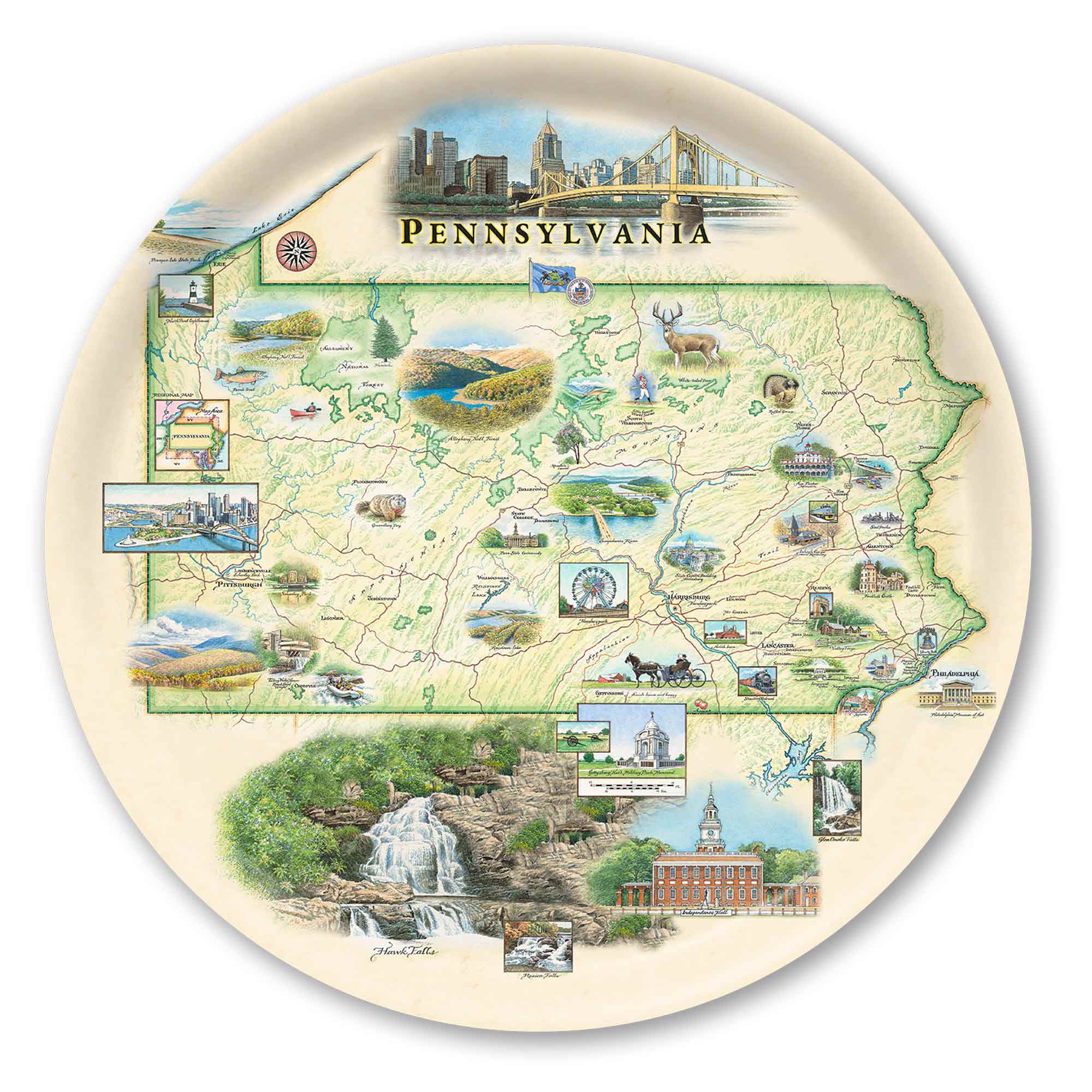 Round Pennsylvania serving Tray map  of Pennsylvania on a decorative plate with various scenic illustrations.