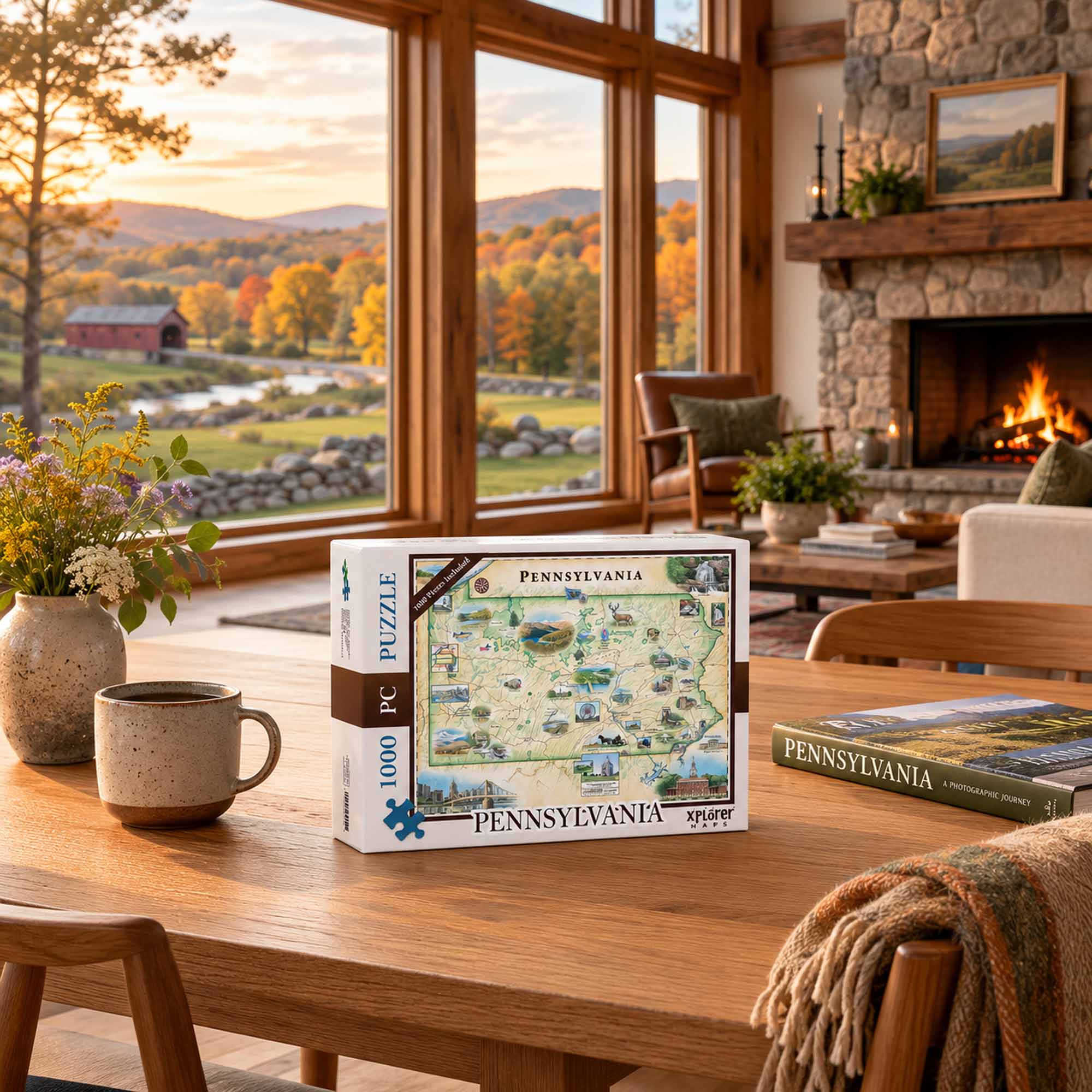 A boxed 1000-piece jigsaw puzzle about Pennsylvania is displayed on a wooden table in a cozy living room setting with a fireplace, window view of autumn fields, and a mug nearby.