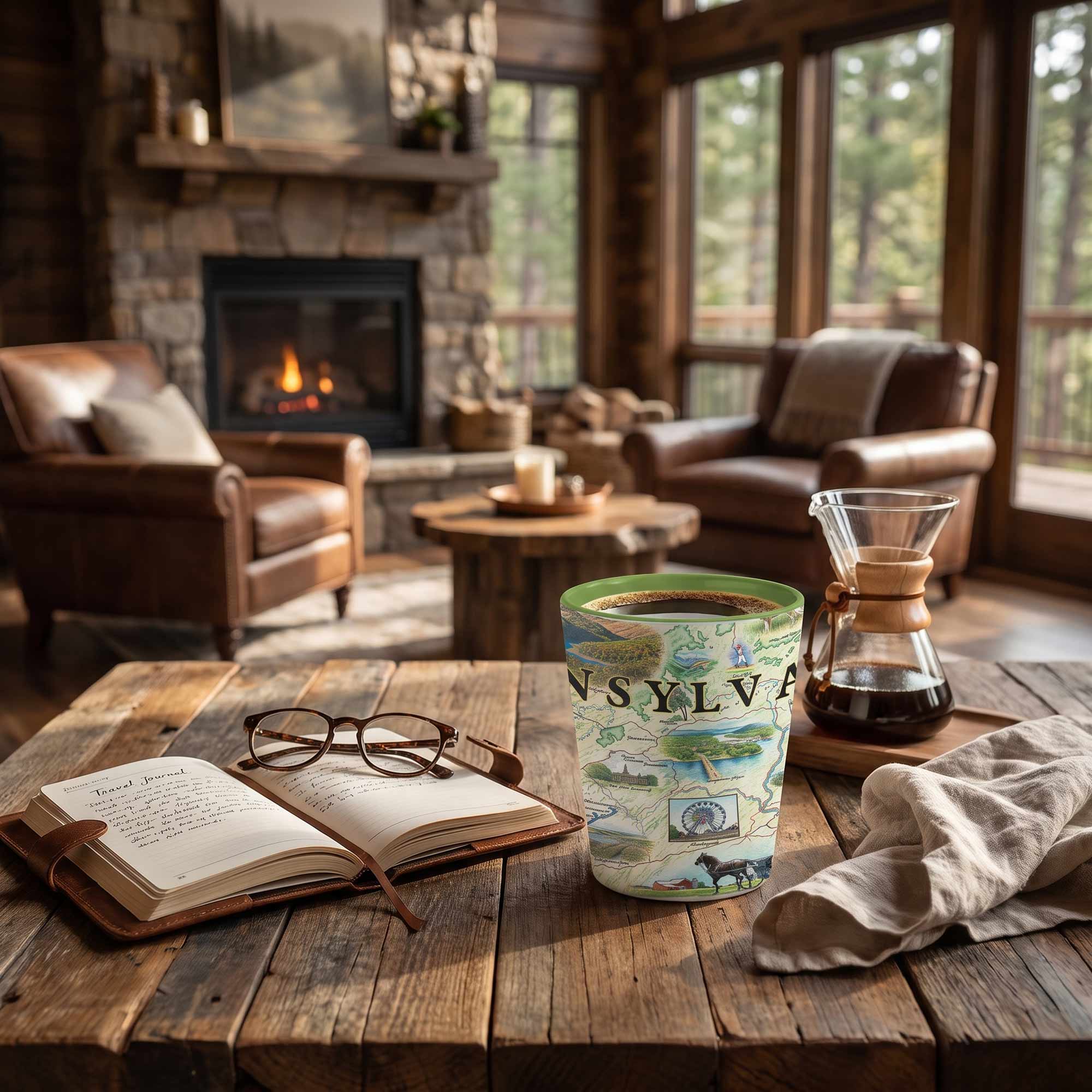 A clear insulated tumbler with a Pennsylvania-themed illustrated print sits on a rustic wooden table in a cozy cabin living room. The scene includes a glass coffee maker, an open book with glasses on it, and leather armchairs in the background.