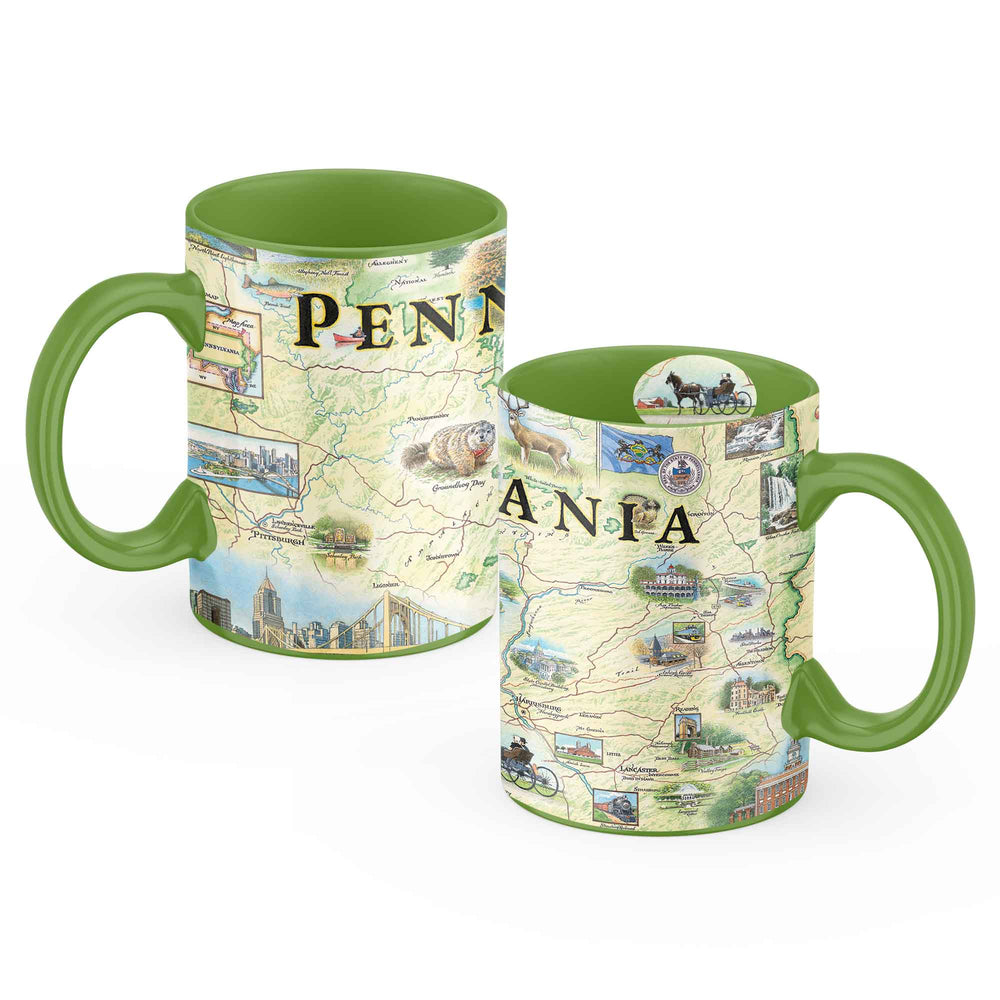 Pennsylvania State coffee mug front and back view. Featuring Pittsburg, Philadelphia, Hersey, Amish horse and buggy, Poconos, waterfalls, deer, trains, and buildings.