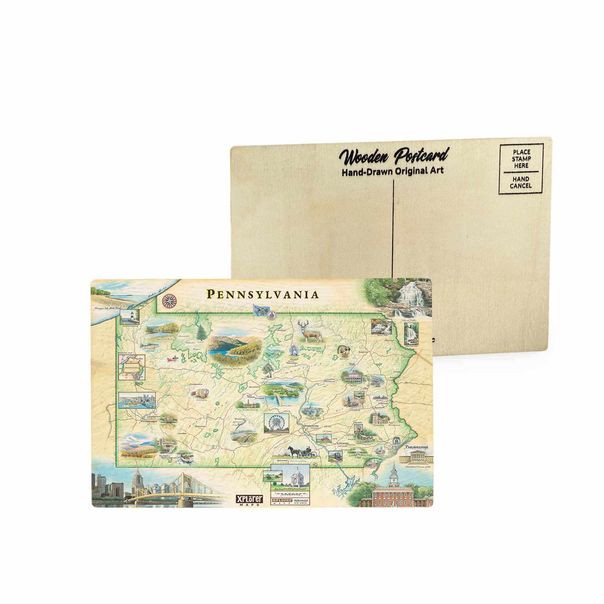 Pennsylvania state map wooden postcard in earth tone blues and greens with hand-drawn illustrations of Hershey Park, Valley Forge, Punxsutawney Phil, brook trout, and mountain laurel.