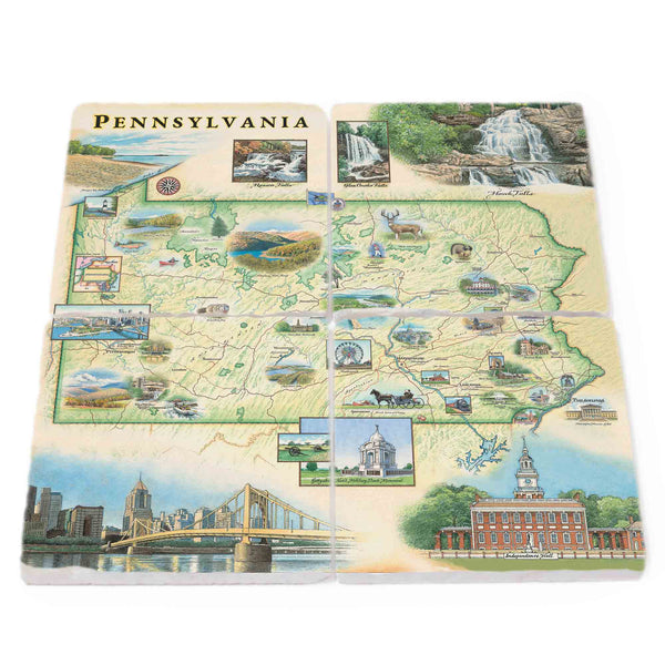Pennsylvania State Map natural stone coasters set of four by Xplorer Maps. The Map features Pittsburg, Philadelphia, Hersey, Amish horse and buggy, Poconos, waterfalls, deer, trains, and buildings.