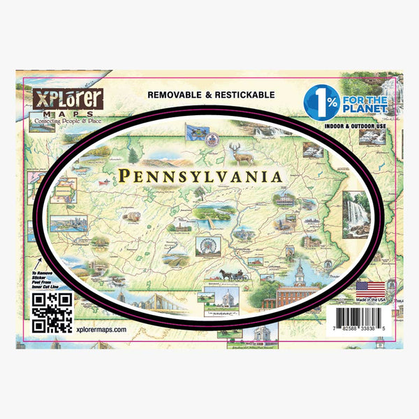 Pennsylvania state map sticker featuring Pocono Raceway, Hershey Park, State College, Penn State, Groundhog Day, Pittsburgh, Philadelphia, Lake Erie, Glen Onoko Trail, and more.