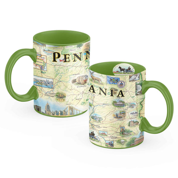 Pennsylvania State coffee mug front and back view. Featuring Pittsburg, Philadelphia, Hersey, Amish horse and buggy, Poconos, waterfalls, deer, trains, and buildings.