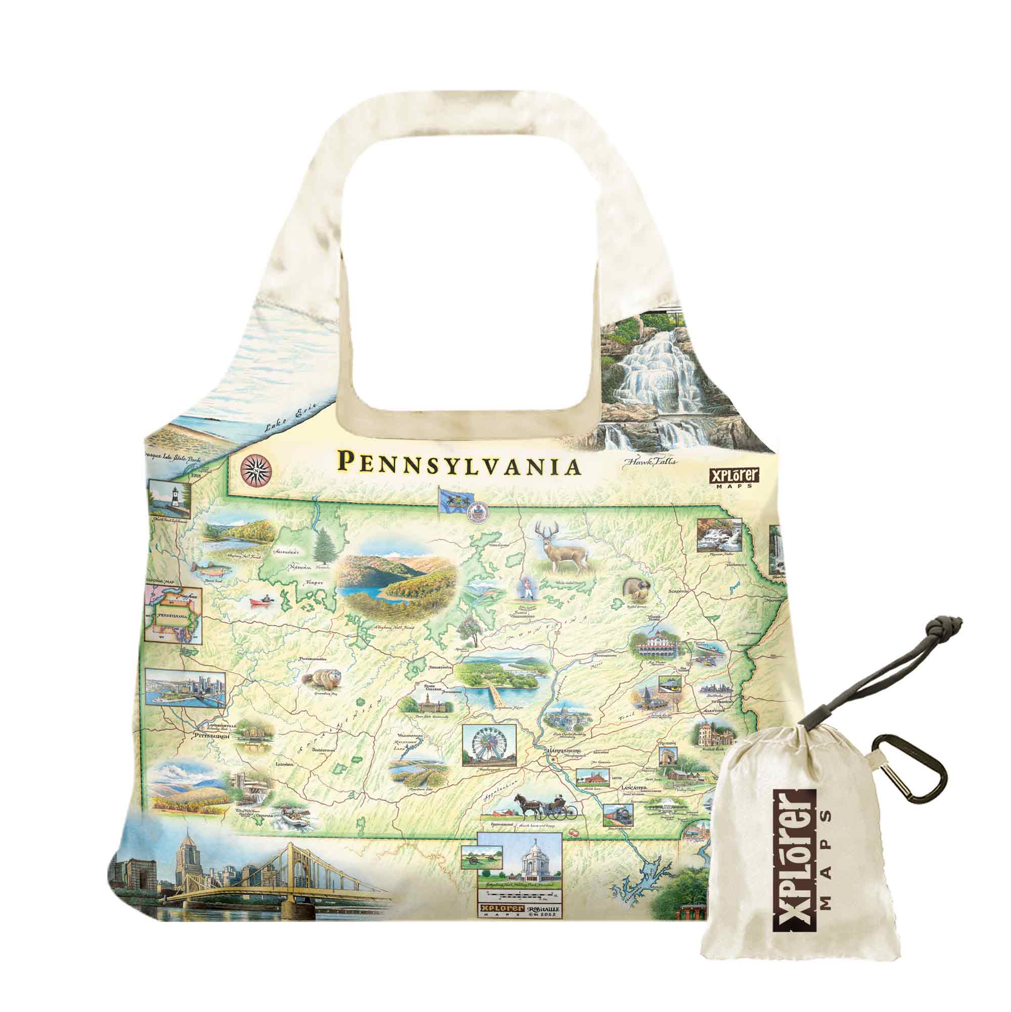 Pennsylvania State Pouch Tote Bag featuring Pittsburg, Philadelphia, Hersey, Amish horse and buggy, Poconos, waterfalls, deer, trains, and buildings. 