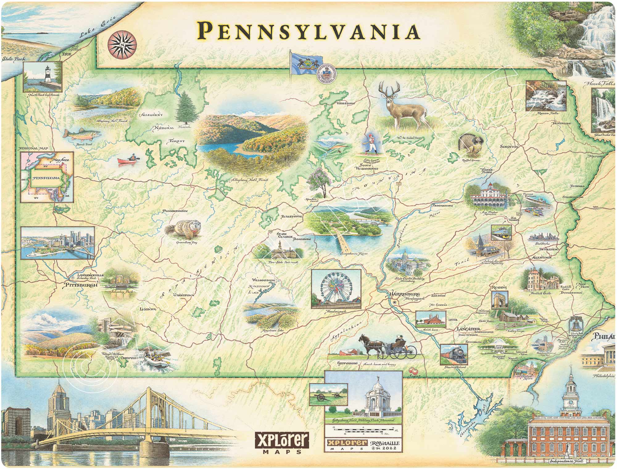 Pennsylvania State map wood sign by Xplorer Maps. Featuring Pittsburgh, Philadelphia, Philly, Amish Horse and buggy, ferris wheel, Capitol buildings, baseball, bridges and deer.