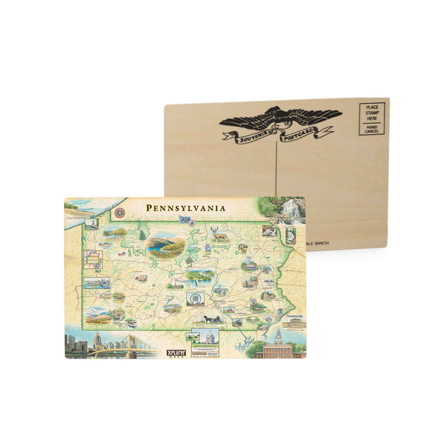 Pennsylvania State Map Wooden Postcard in earth tone blues and greens. Features illustrations of places like Hershey Park, the state capitol building, Valley Forge, Philadelphia, and the Allegheny National Forest. Groundhog Punxsutawney Phil, Brook trout, white-tail deer, and mountain laurel are included. 