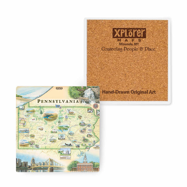 4"x4" Pennsylvania State Map Ceramic Coasters by Xplorer Maps. The Map features Pittsburg, Philadelphia, Hersey, Amish horse and buggy, Poconos, waterfalls, deer, trains, and buildings.