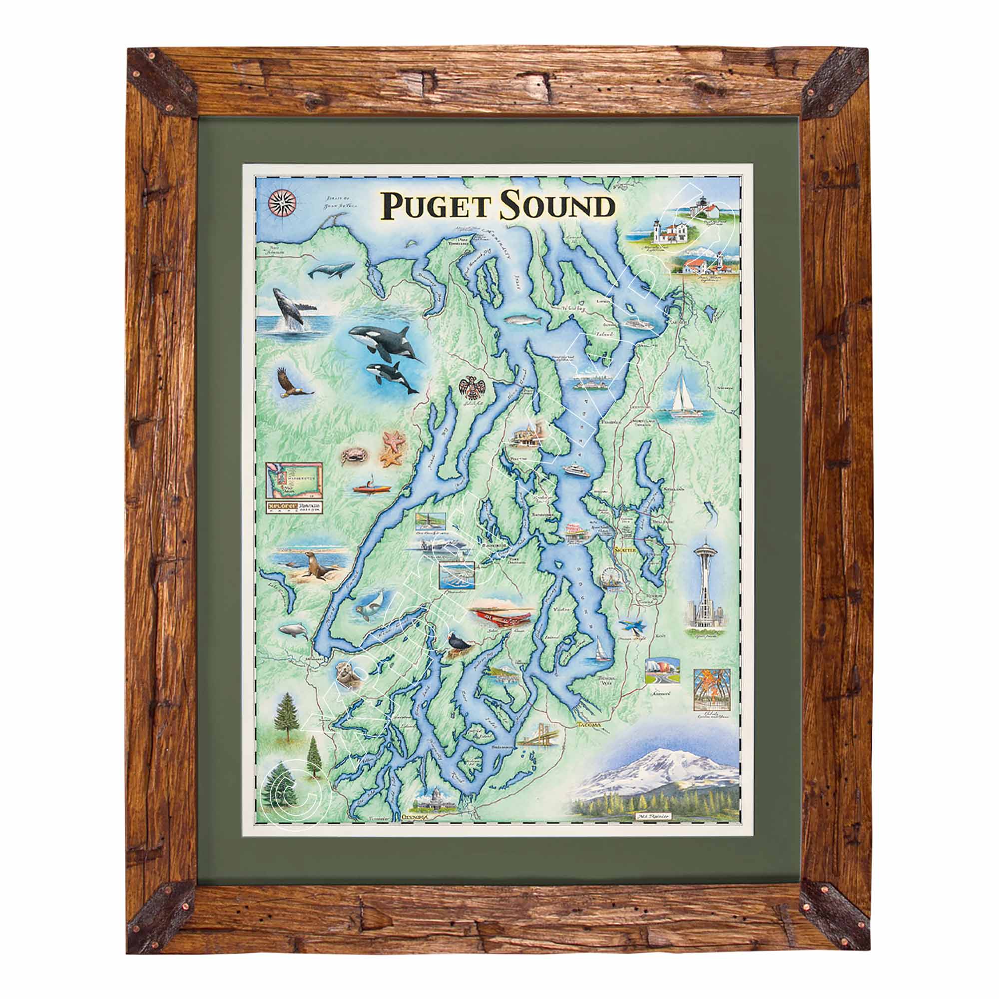 A framed Puget Sound illustrated map print with a rustic brown wooden frame and olive green mat, shown against a plain white background.