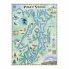 An illustrated Puget Sound map poster with blue waterways, green land, and small scenic details including birds, boats, a mountain, and landmarks. The title 'PUGET SOUND' appears at the top.
