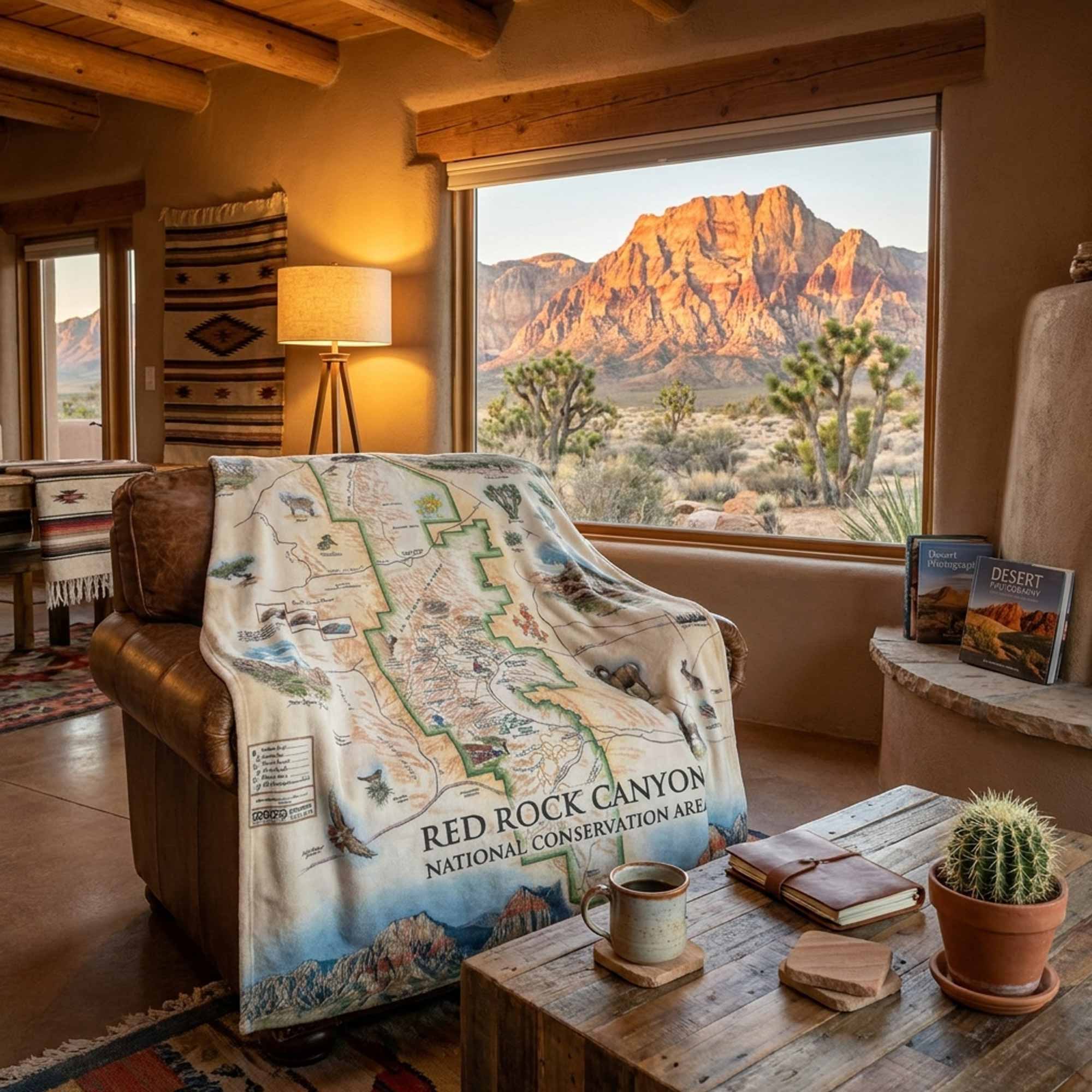 Living room with a map blanket of Red Rock Canyon, mountain view, and decor items.