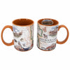Orange Red Rock Canyon National Conservation Area Ceramic Mug. The map features illustrations of places such as Mt. Willson, Rainbow Mountain, Bridge Mountain, and Spring Mountain Ranch. Flora and fauna include a red tail hawk, desert Bighorn, Globemallow, Joshua tree, and Prickly pear cactus.