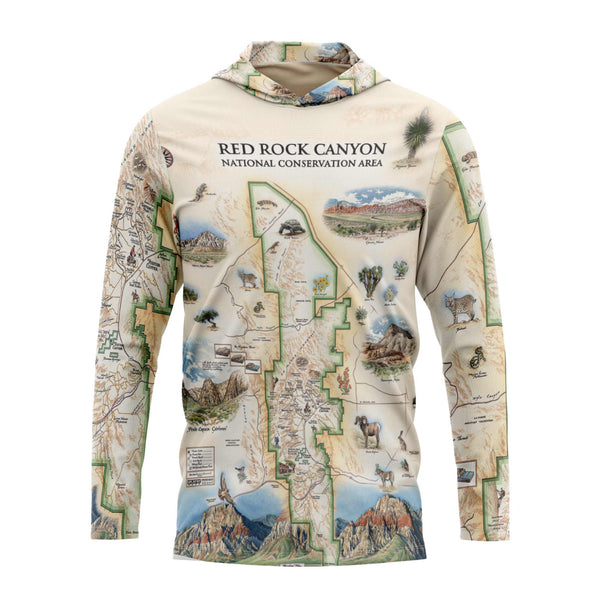 Sun shirt hoodie with Red Rock Canyon National Conservation Area map design on a white background