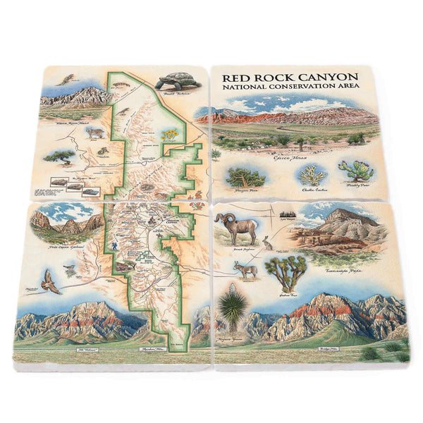 Image: Red Rocks National Conservation Area stone coasters featuring stunning attractions such as the red sandstone formations, Calico Hills, Turtlehead Peaks, Keystone Thrust, Rainbow and Bridge Mountain, and Mt. Wilson. These coasters also showcase the diverse flora including Joshua trees, desert marigolds, and prickly pear cacti, alongside fauna such as desert tortoises, bighorn sheep, and red-tailed hawks. Situated near vibrant cities like Las Vegas and Henderson.