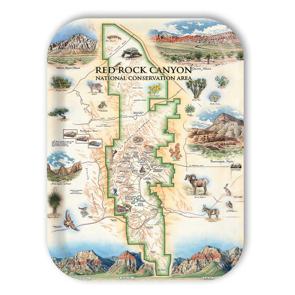 Large Rectangle Serving Tray Map of Red Rock Canyon National Conservation Area with illustrations of landscapes and animals.