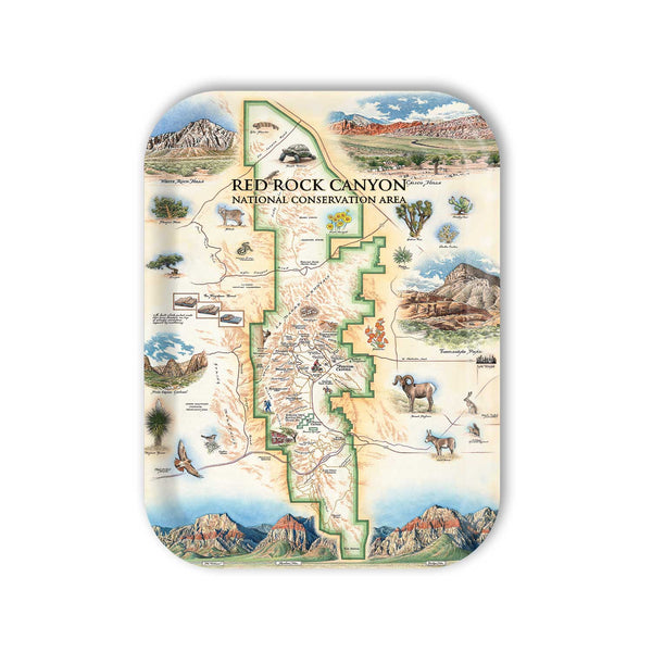 Medium Rectangle Serving Tray Map of Red Rock Canyon National Conservation Area with scenic illustrations on a white background