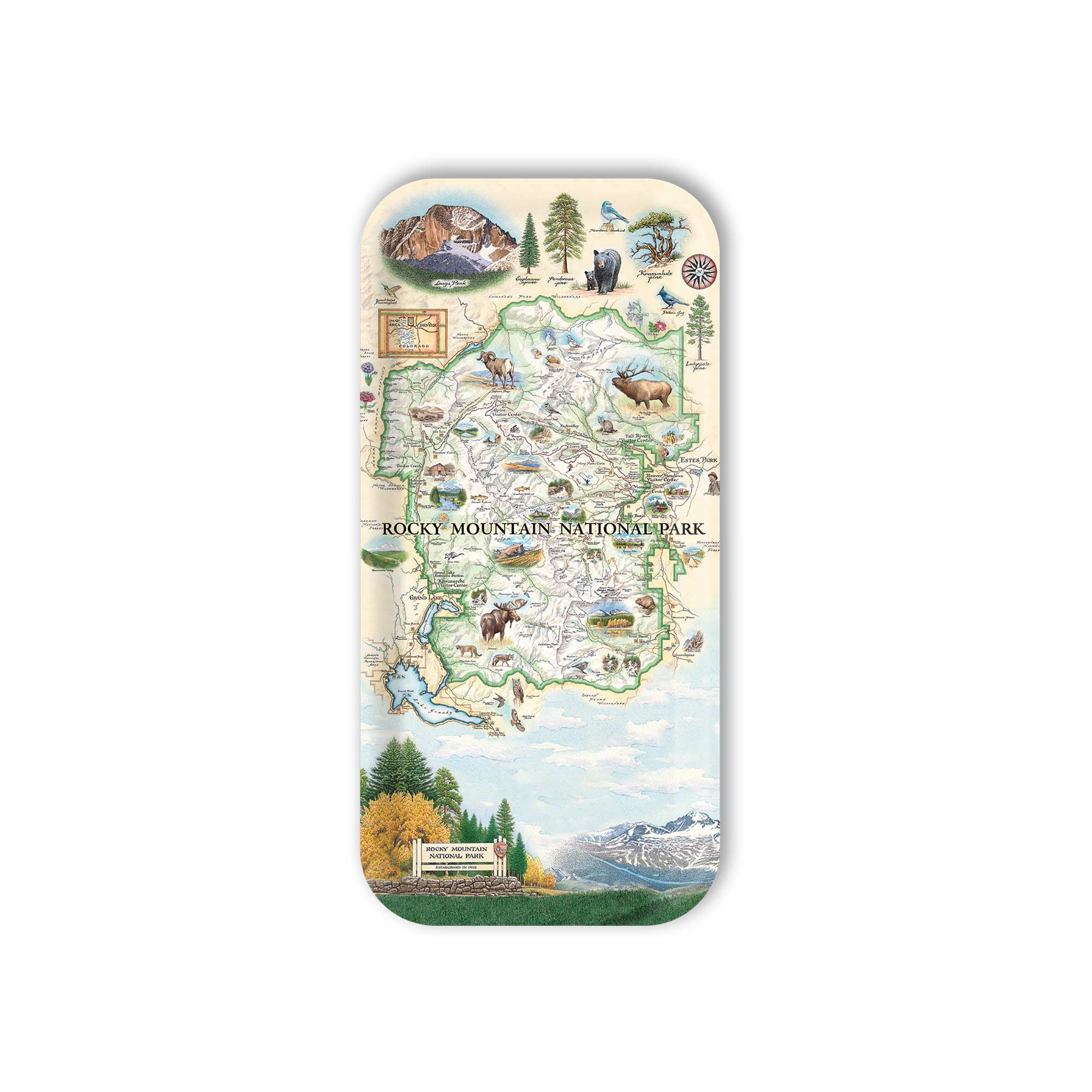 Small Serving Tray map of Rocky Mountain National Park on a white background