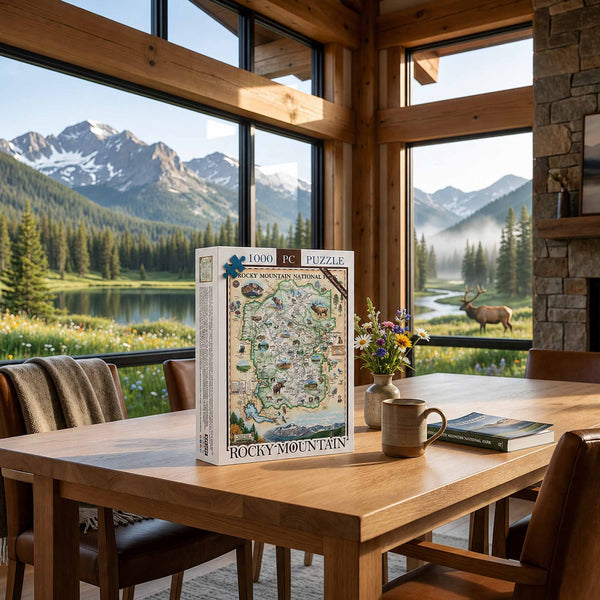 A 1000-piece jigsaw puzzle box titled 'Rocky Mountain' sits on a wooden dining table in a rustic cabin with large windows showing a mountain lake landscape and a deer in the background.