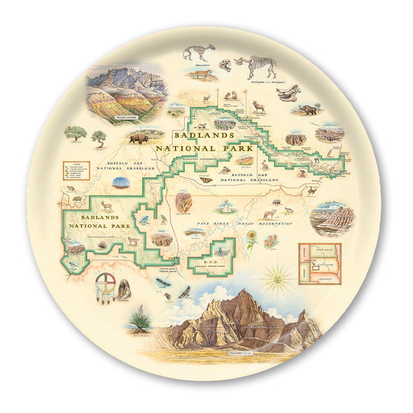 Round Serving Tray with a map of Badlands National Park on a white background