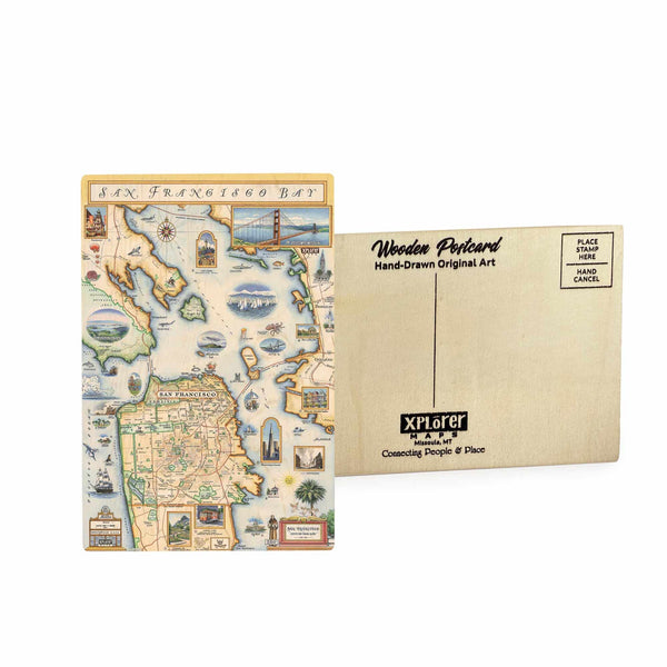 San Francisco Bay Map wooden postcard in earth tones featuring hand-drawn illustrations of iconic landmarks and native wildlife including the Golden Gate Bridge and sea lions.