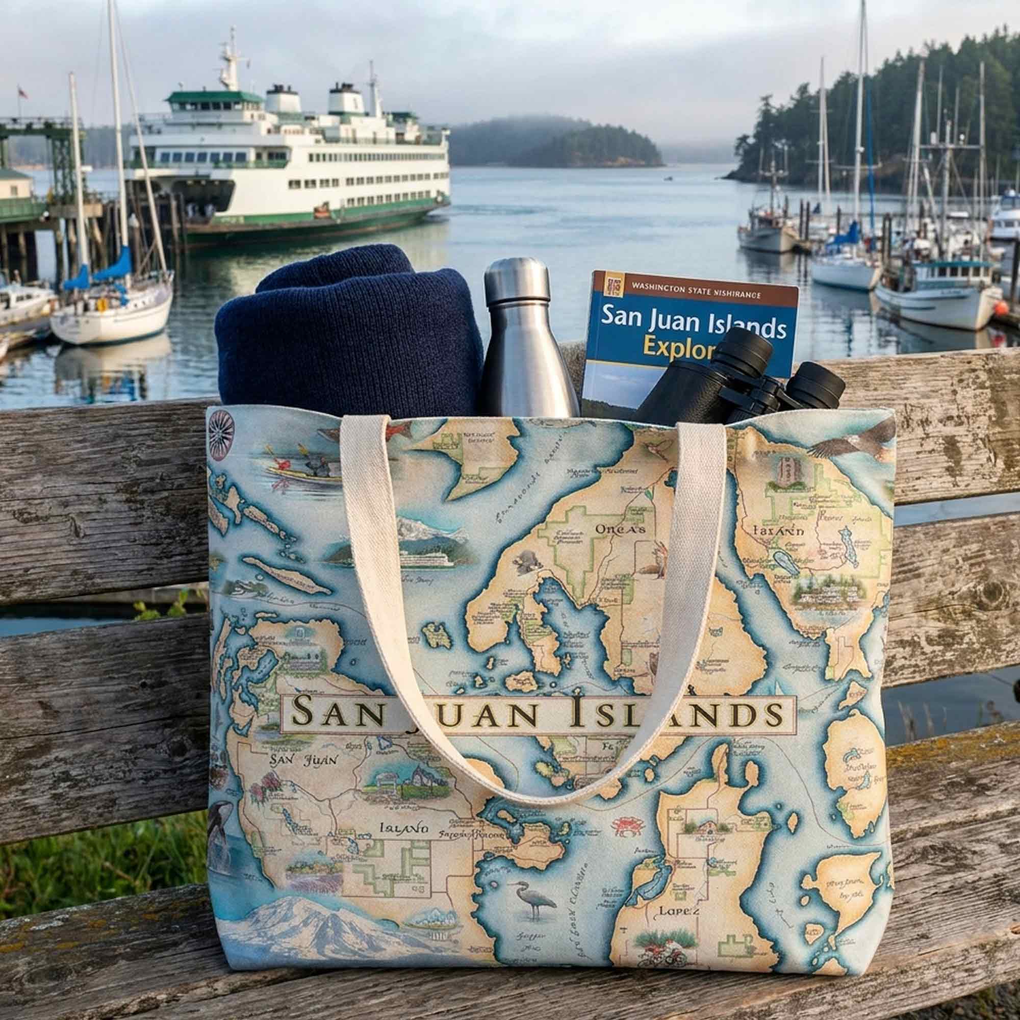 Tote bag with San Juan Islands map design on a wooden bench by a marina.