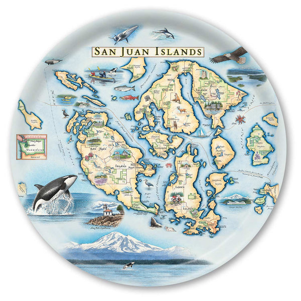Large Round Serving Tray Map of the San Juan Islands with illustrations on a decorative plate.