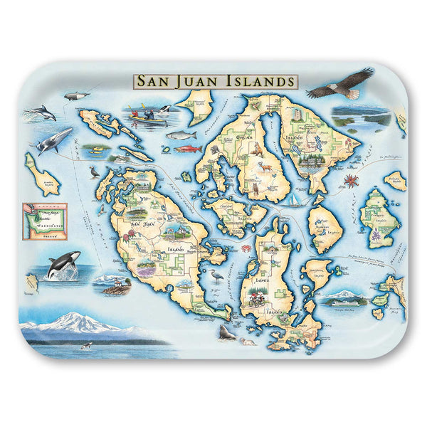 Large Rectangle Serving Tray Map of the San Juan Islands with illustrations on a white background