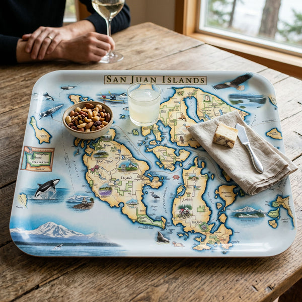 Map-themed tray with 'San Juan Islands' design on a wooden table.