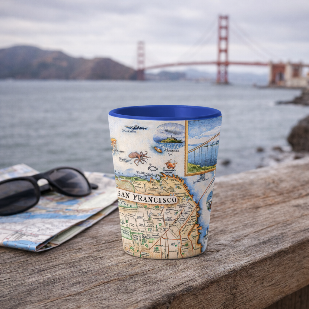 A San Francisco-themed ceramic cup with a vintage map print and blue interior sits on a wooden railing with a folded map and black sunglasses in the foreground, and the Golden Gate Bridge and water in the background.