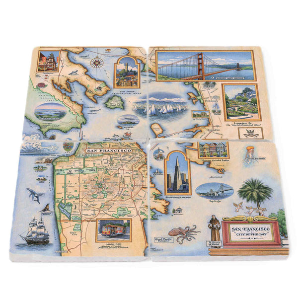 Image: San Francisco stone coasters featuring popular attractions like the Golden Gate Bridge, Alcatraz Island, Fisherman's Wharf, Lombard Street, Telegraph Hill, Chinatown, Famous Cable Cars, and St. Francis of Assisi. These coasters also highlight the diverse flora including iconic Monterey cypress trees, colorful hydrangeas, and blooming cherry blossoms, alongside fauna such as whales, octopuses, sea lions, and pelicans.