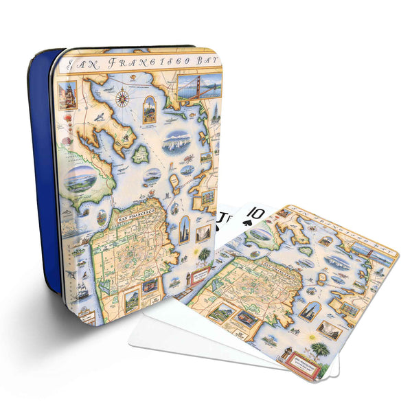San Francisco Bay Map Playing cards that features iconic attractions, flora and fauna of that area - Blue Metal Tin