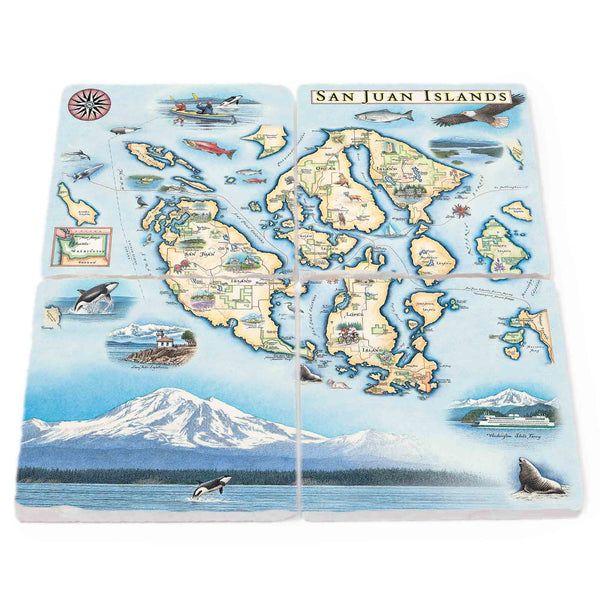 Washington's San Juan Islands Map Stone Coaster Set by Xplorer Maps, a set of four coasters forming the map of San Juan Islands. Illustrations feature notable places such as San Juan Vineyard, Turtleback Mountain Reserve, Liv Winery, and Roche Harbor. The set also includes depictions of local flora and fauna, including the Orca Whale, Puffin, Heron, Camas Flower, and Rhododendron