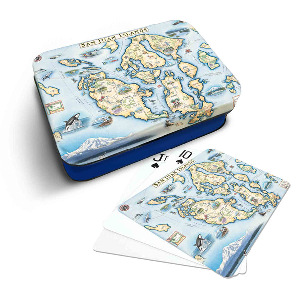 San Juan Islands Map Playing cards that features iconic attractions, flora and fauna of that area - Blue Metal Tin