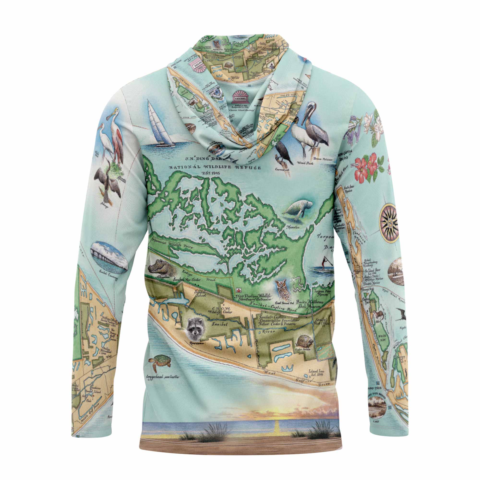 Sanibel & Captiva Islands sun shirt hoodie with a detailed map design on a white background