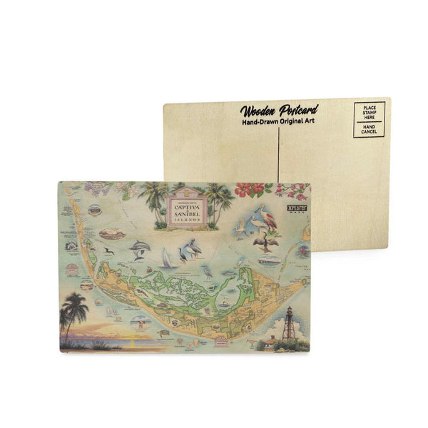 Sanibel & Captiva Islands Map wooden postcard in earth tone blues and greens featuring hand-drawn illustrations of island landmarks and native coastal wildlife.
