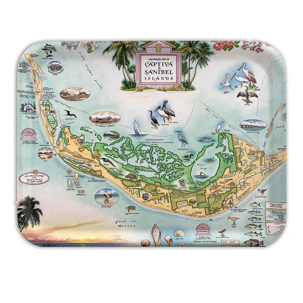 A handcrafted birchwood serving tray featuring a hand-illustrated map of Sanibel & Captiva Islands by artist Chris Robitaille, with a durable matte melamine finish.