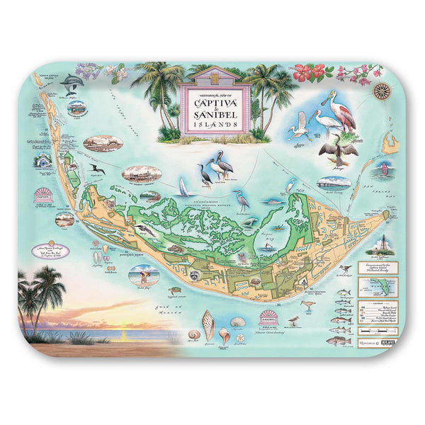 A handcrafted birchwood serving tray featuring a hand-illustrated map of Sanibel & Captiva Islands by artist Chris Robitaille, with a durable matte melamine finish.