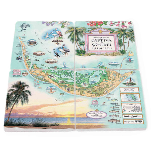 Florida's Sanibel & Captiva Islands Map Ceramic Coasters Set by Xplorer Maps, a set of four coasters forming the map of the islands. Illustrations include notable places such as Ding Darling Wildlife Sanctuary, Bailey-Matthews Shell Museum, and Sanibel Lighthouse. The set also features depictions of local flora and fauna, including the Loggerhead sea turtle, Manatee, and Great Blue Heron, along with various other birds and sea animals.