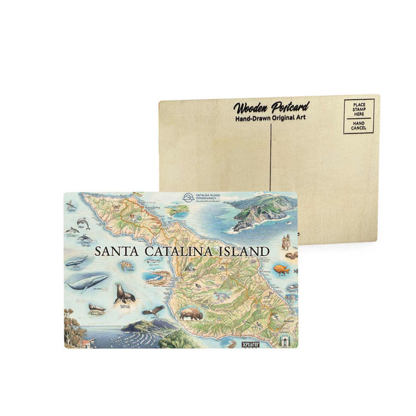 Santa Catalina Island Map wooden postcard in earth tone colors featuring Avalon Bay, Catalina Casino, and marine life like sea lions and Garibaldi.