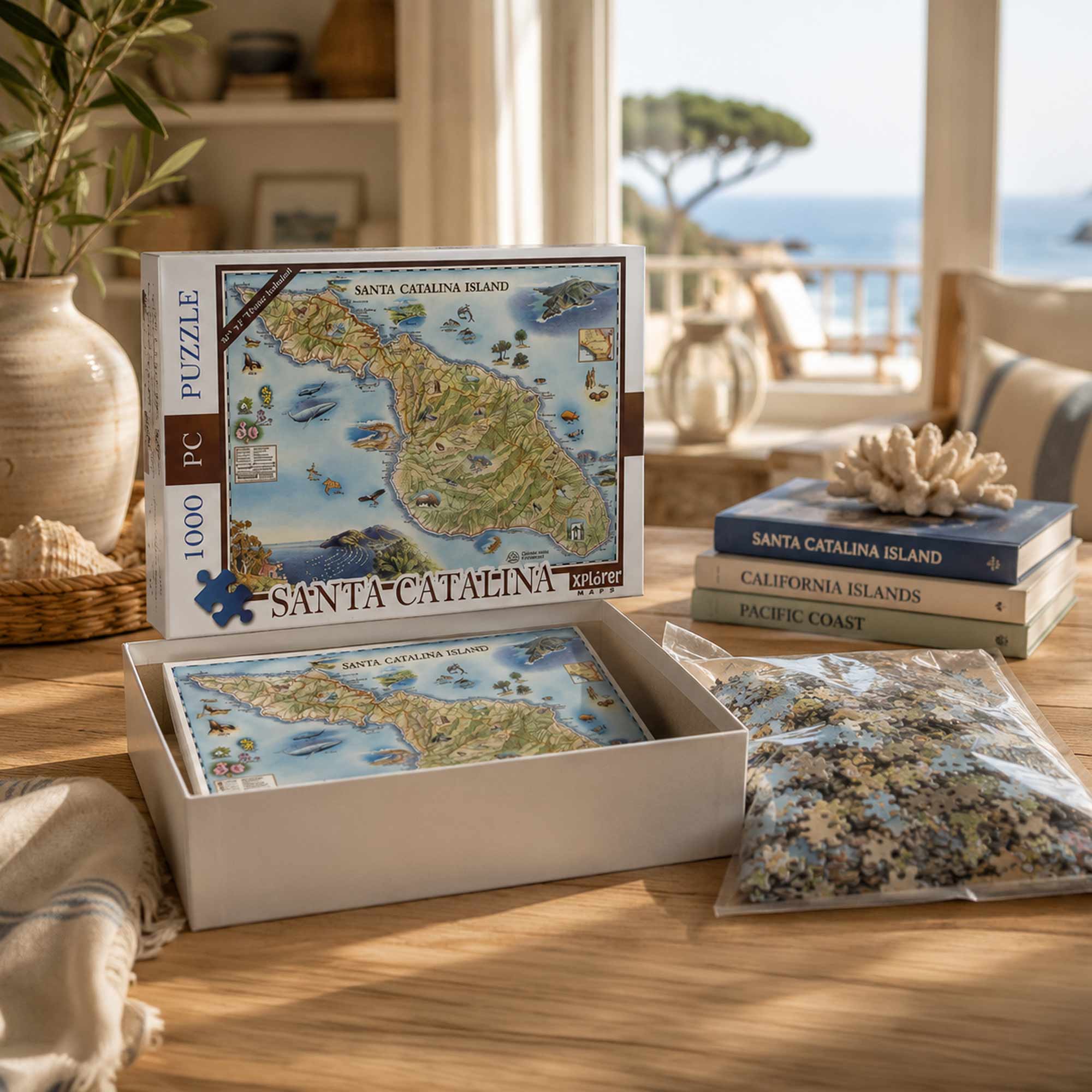 A 1000-piece Santa Catalina Island jigsaw puzzle set displayed on a wooden table in a bright, sunlit room. The open white box shows the puzzle map, with the puzzle pieces in a clear bag beside it and matching books stacked nearby.