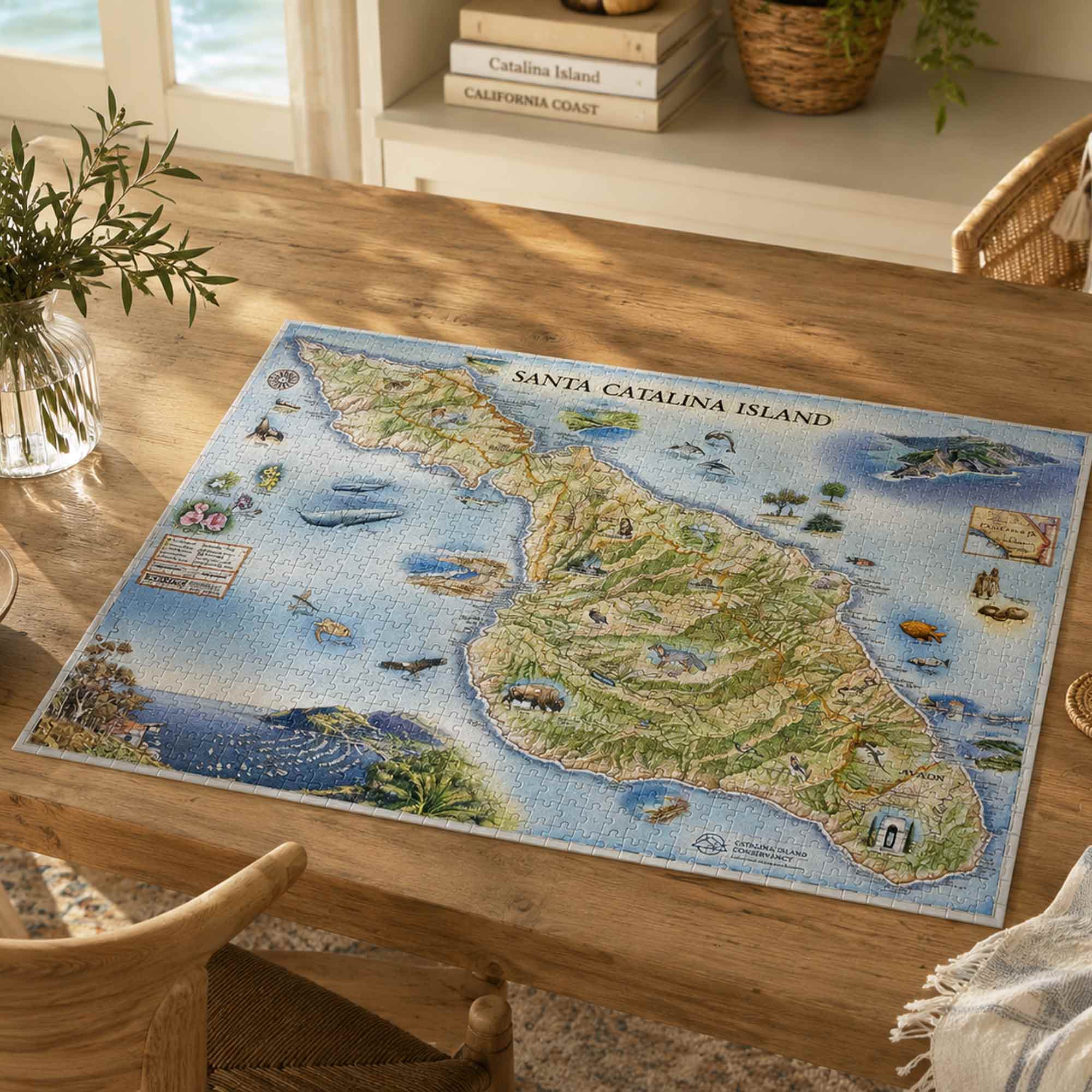 A large, detailed jigsaw puzzle of Santa Catalina Island is displayed on a rustic wooden dining table, surrounded by home decor elements like a glass vase with greenery and a wicker chair.