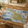 A large, detailed jigsaw puzzle of Santa Catalina Island is displayed on a rustic wooden dining table, surrounded by home decor elements like a glass vase with greenery and a wicker chair.