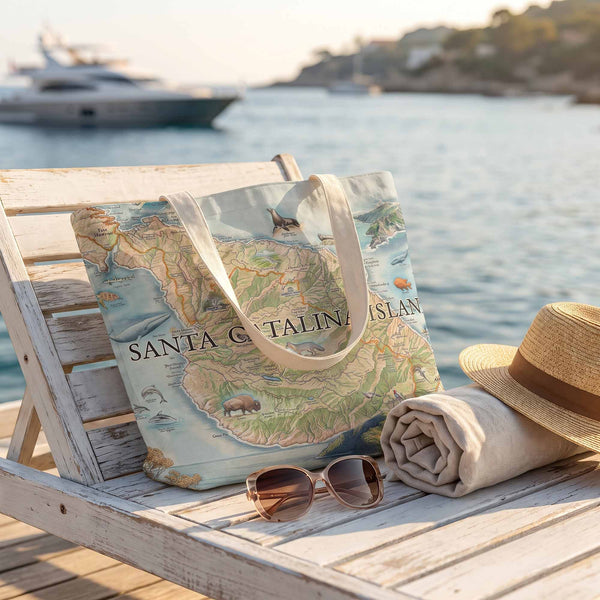 A canvas tote bag printed with a vintage-style map of Santa Catalina Island sits on a white wooden beach chair by the water, styled with sunglasses, a rolled towel, and a straw hat.